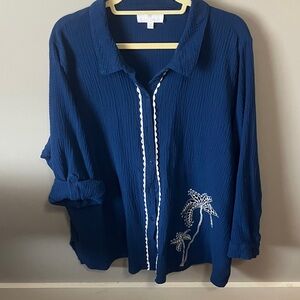 Susan Graver Navy Blouse with White Embroidery
